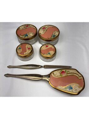 Glass Vanity Jar Brush Set Hand-Painted Pink Floral Gold Trim Retro Vintage